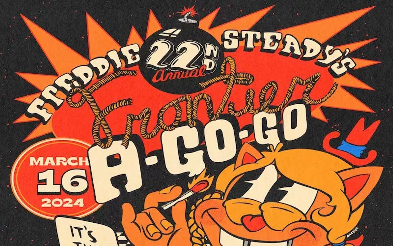 Image: Freddie Steady's Frontier A-Go-Go w/ Mirka Novak (6:00), Al Staehely (5:00), Thee Bucksees Family Band (4:00), Freddie Steady's Wild Country (3:00), the Tender Things (2:00), the Soulphonics (1:00), Arwen Lewis (noon)