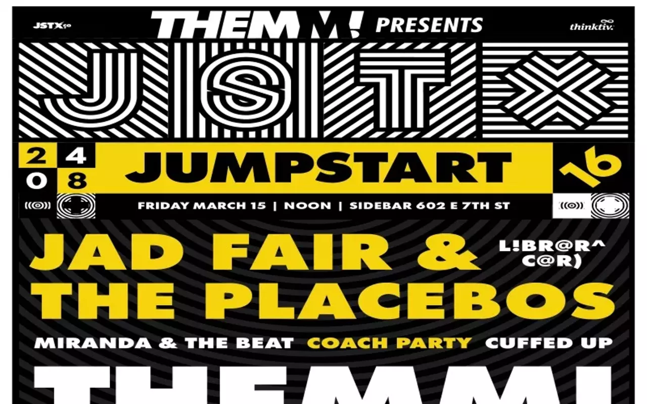 Image: Jumpstart w/ Near Beer (6:10), Themm! (5:00), Jad Fair & the Placebos (4:00), Miranda & the Beat (3:00), Greg Freeman (2:00), Proper (1:00), Perennial (noon) [outside]; the Pretty Flowers (4:30), Nite Music (3:30), Coach Party (2:30), more [inside]