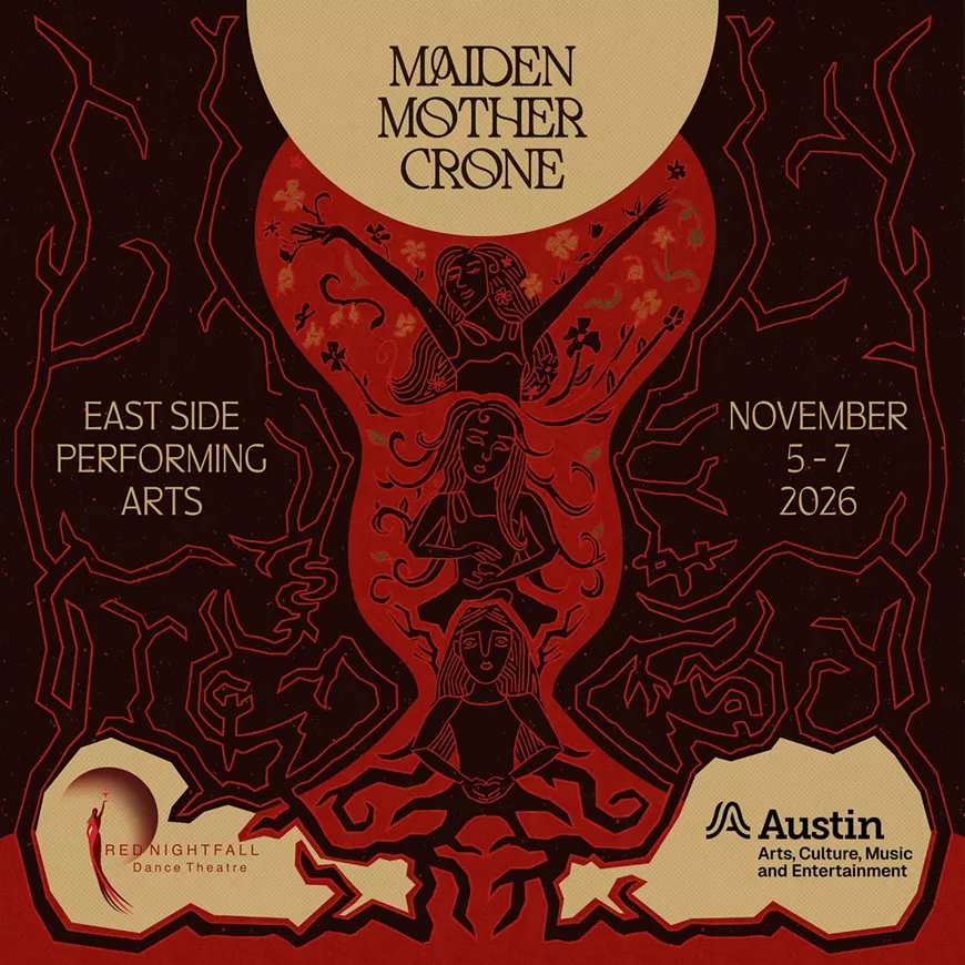 Illustrated poster in deep red, black, and cream for Maiden Mother Crone. Three stylized feminine figures appear vertically within a large red hourglass-like form, surrounded by abstract line drawings of bodies. Text includes &ldquo;Maiden Mother Crone,&rdquo; East Side Performing Arts, and November 5&ndash;7, 2026.