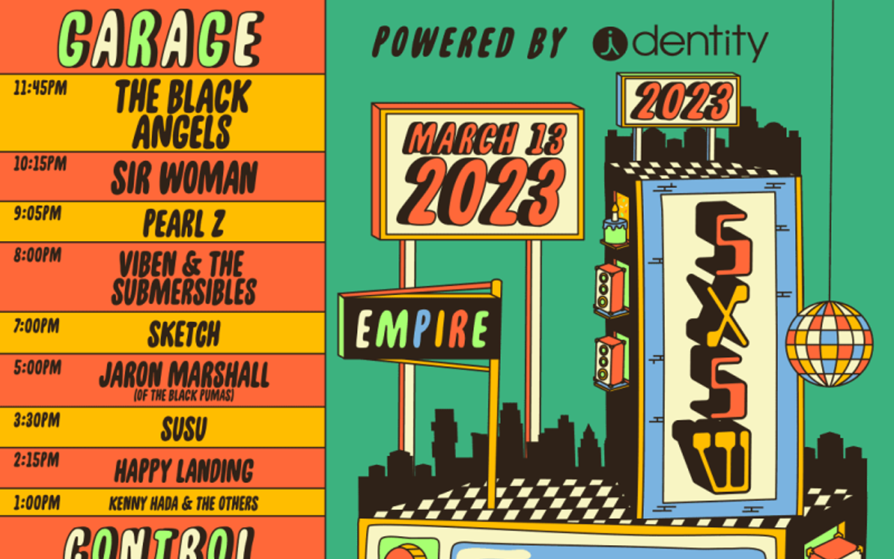 Image: Music Tech Mashup w/ the Black Angels (11:45), Sir Woman (10:15), Pearl Z (9:05), Viben & the Submersibles (8:00), Sketch (7:00), JaRon Marshall (5:00), SUSU (3:30), Happy Landing (2:15), Kenny Hada & the Others (1:00) [garage]; Various Artists [inside]