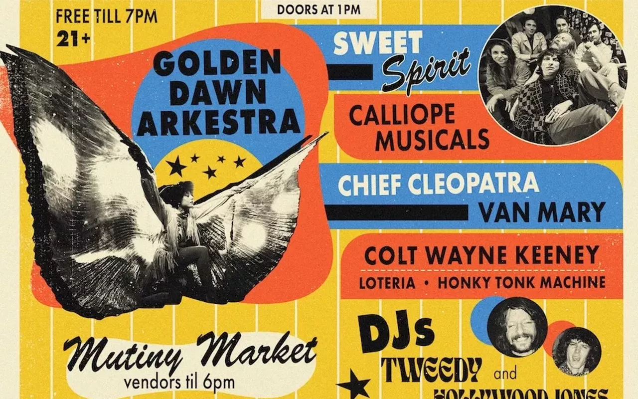 Image: SX Soundcheck Saturday w/ DJ Tweedy & Hollywood Jones (11:00), Golden Dawn Arkestra (10:00), Sweet Spirit (9:00), Calliope Musicals (8:00), Chief Cleopatra (7:00), Van Mary (6:00), Colt Wayne Keeney (5:00), Loteria (4:00), Honky Tonk Machine [patio]