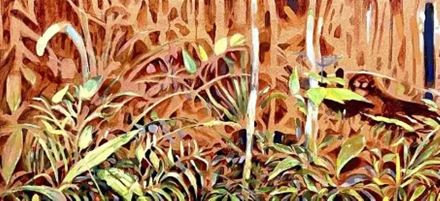 Jenn Wilson Shepherd, soft spirit (detail), 2026, oils and fabric dye on linen, 20 x 60 inches