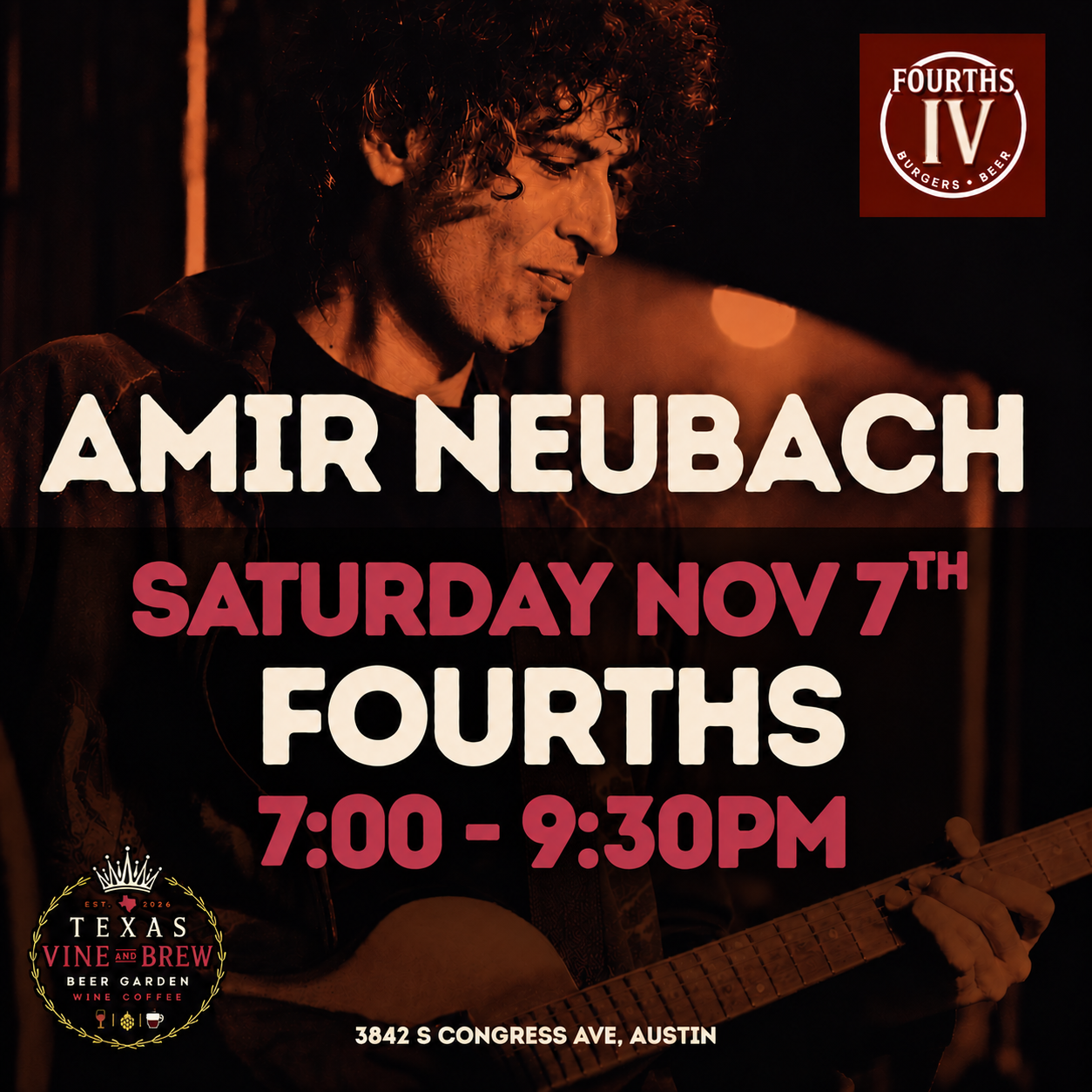 Poster for Amir Neubach Live at Fourths | Saturday Night Music on South Congress in Austin